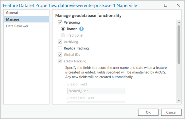 Feature Dataset Properties dialog box with the Manage tab selected Feature Dataset Properties dialog box with the Manage tab selected